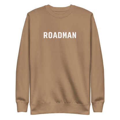 Latte sweatshirt with white Roadman lettering, front view.