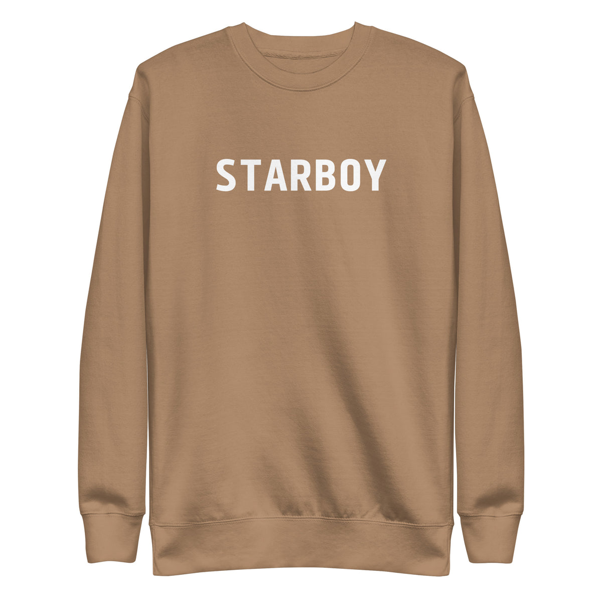 Latte sweatshirt with white Starboy lettering, front view.