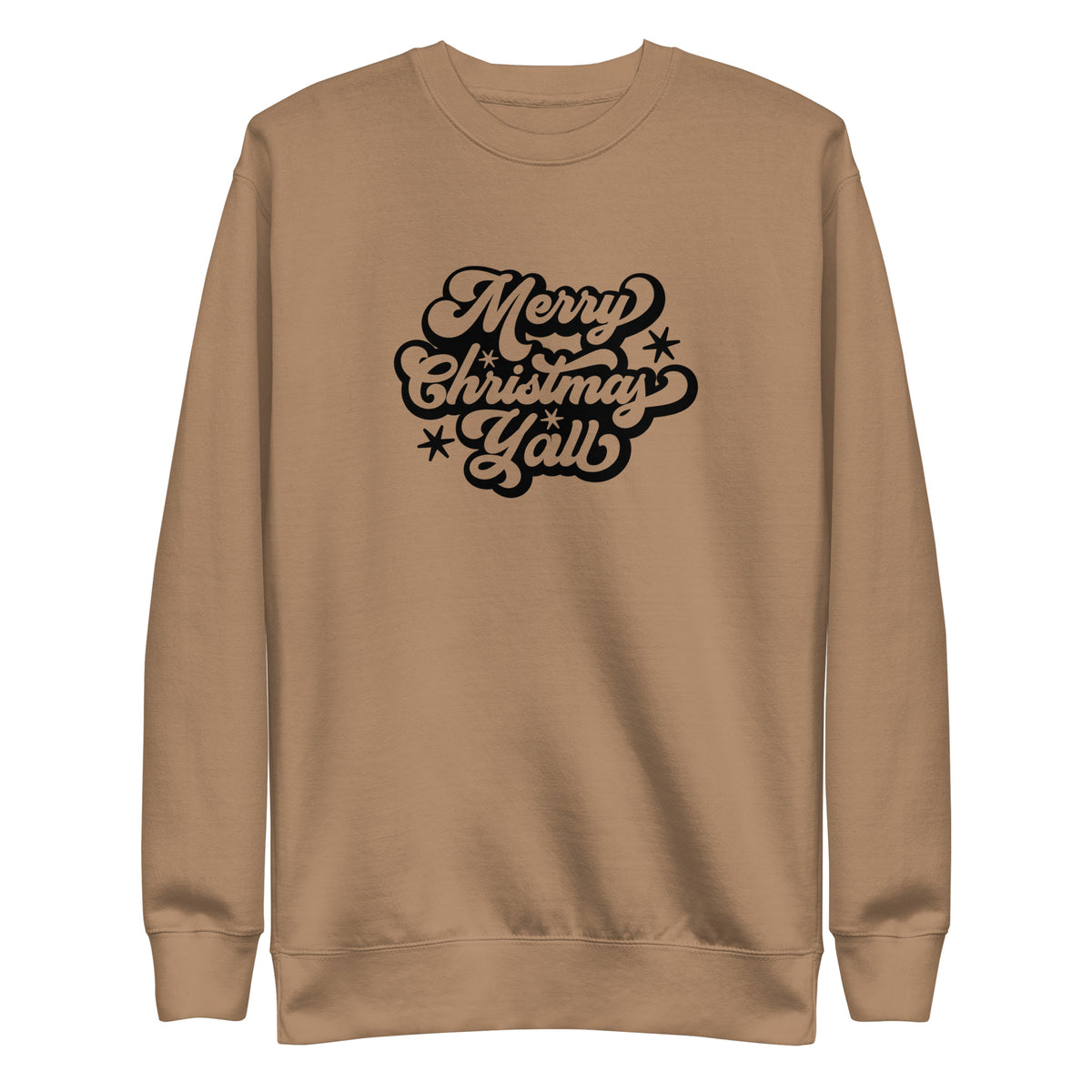 Latte sweatshirt, front view with black Merry Christmas Y'all script lettering.
