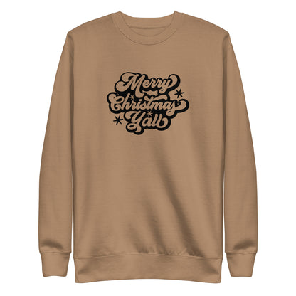 Latte sweatshirt, front view with black Merry Christmas Y'all script lettering.