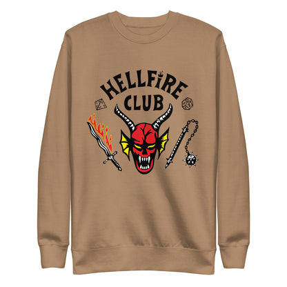 Latte sweatshirt with Hellfire Club lettering and a red horned-face graphic, front view.