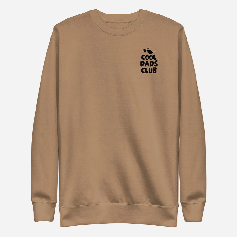 Latte sweatshirt, front view with small black Cool Dads Club chest lettering.