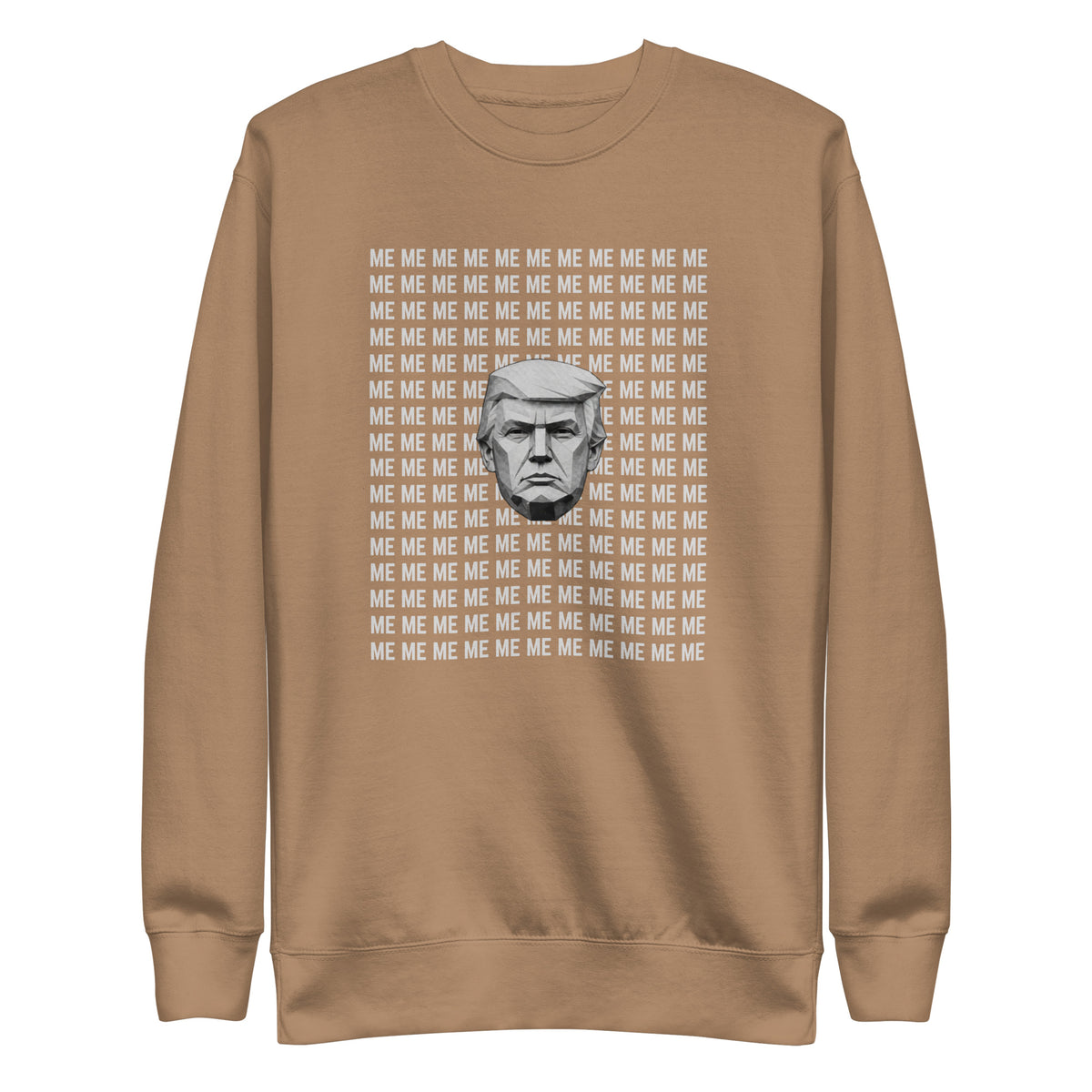Latte sweatshirt, front view, with a monochrome portrait surrounded by repeated white 'ME' lettering.