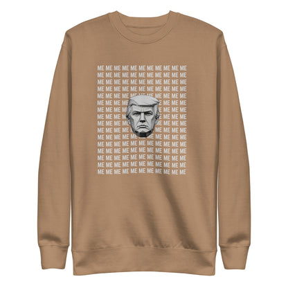Latte sweatshirt, front view, with a monochrome portrait surrounded by repeated white 'ME' lettering.