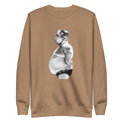 Full Metal Pedo sweatshirt in Latte, front view with a monochrome helmeted figure graphic.