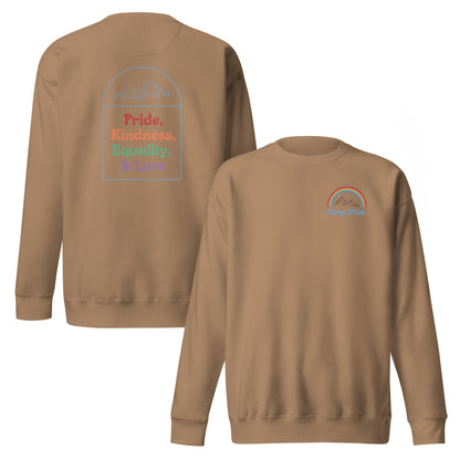 Latte sweatshirt, front and back views, with a small chest rainbow and 'Pride, Kindness, Equality, & Love' text on the back.