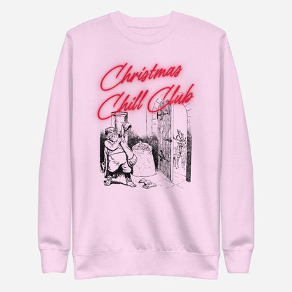 Lavender sweatshirt with red Christmas Chill Club script and Santa illustration, front view.