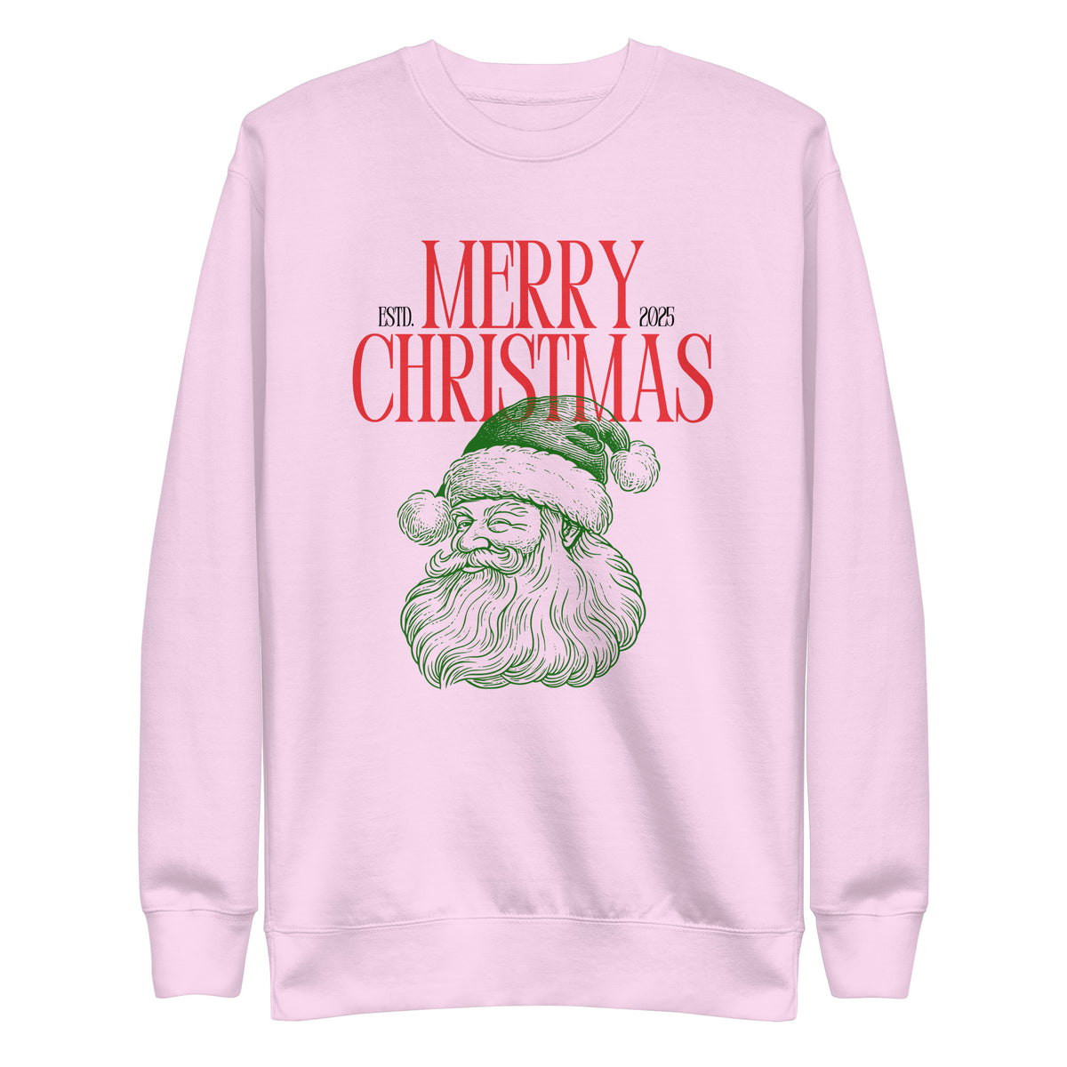 Lavender sweatshirt, front view, with a green Santa portrait below red 'Merry Christmas' lettering and the year 2025.