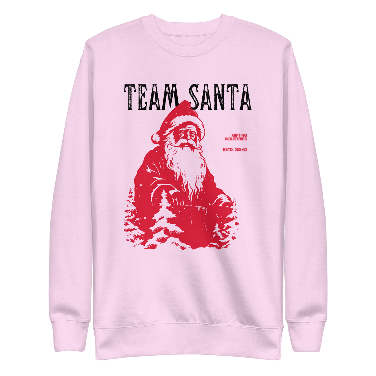 Lavender sweatshirt with a red Santa illustration and black Team Santa text, front view.