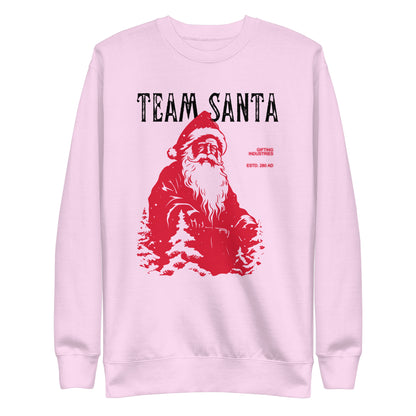 Lavender sweatshirt with a red Santa illustration and black Team Santa text, front view.