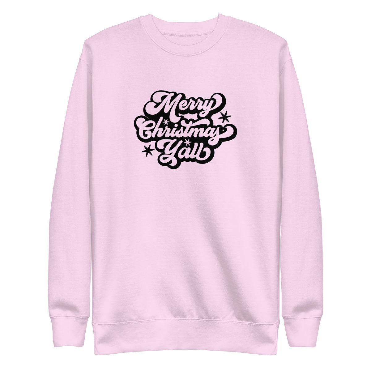 Lavender sweatshirt, front view with black Merry Christmas Y'all script lettering.