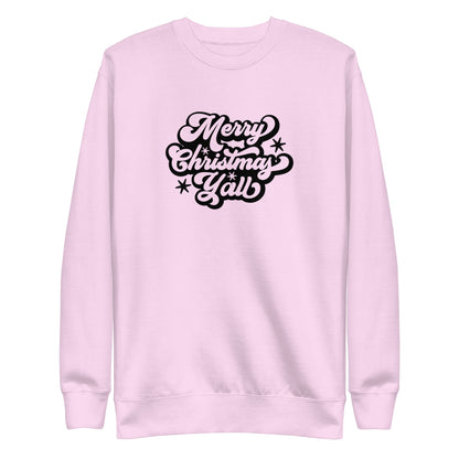 Lavender sweatshirt, front view with black Merry Christmas Y'all script lettering.