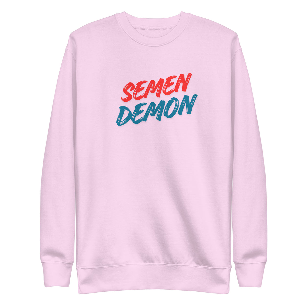 Lavender sweatshirt, front view with red and blue Semen Demon lettering.