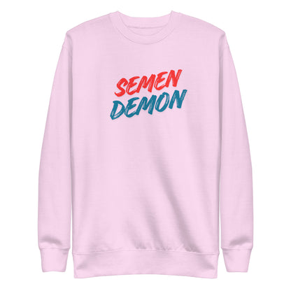 Lavender sweatshirt, front view with red and blue Semen Demon lettering.