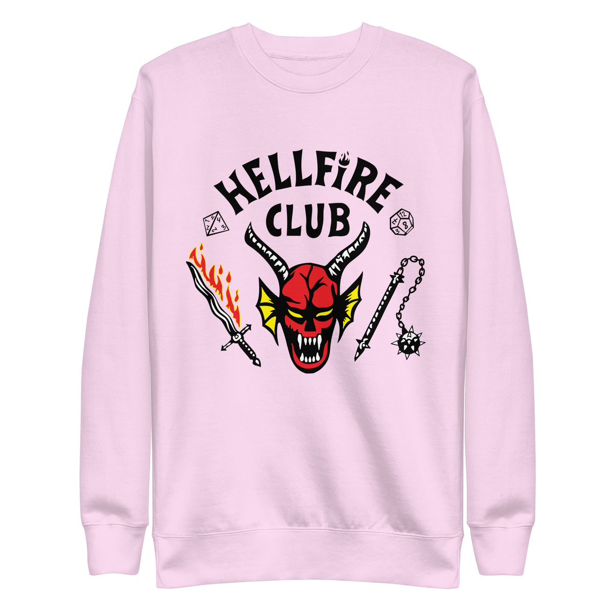 Lavender sweatshirt with Hellfire Club lettering and a red horned-face graphic, front view.