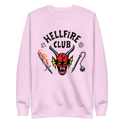 Lavender sweatshirt with Hellfire Club lettering and a red horned-face graphic, front view.
