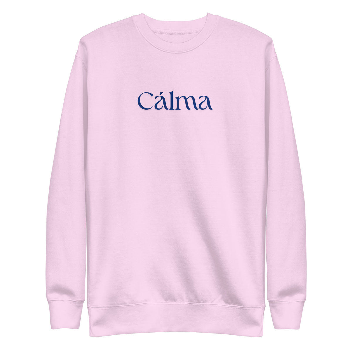 Lavender sweatshirt, front view with blue Calma lettering.
