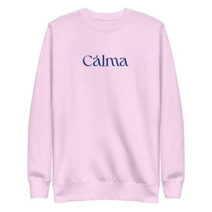 Lavender sweatshirt, front view with blue Calma lettering.