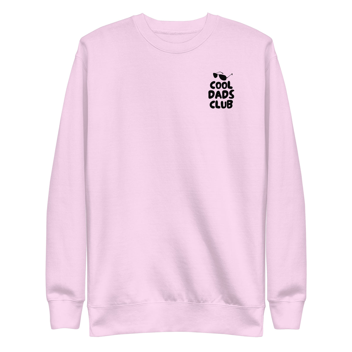 Lavender sweatshirt, front view with small black Cool Dads Club chest lettering.