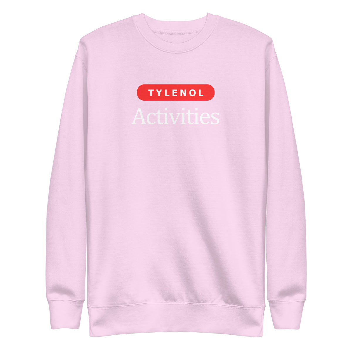 Lavender sweatshirt, front view with white Tylenol Activities lettering and a red capsule shape.