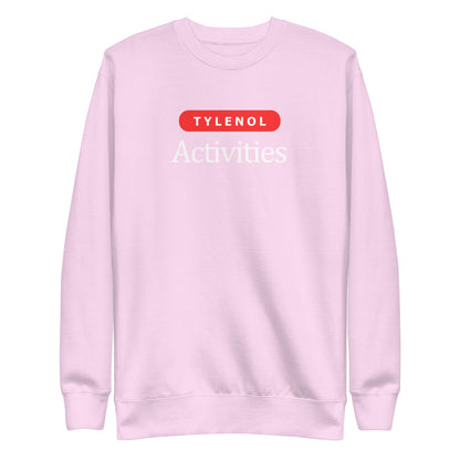 Lavender sweatshirt, front view with white Tylenol Activities lettering and a red capsule shape.
