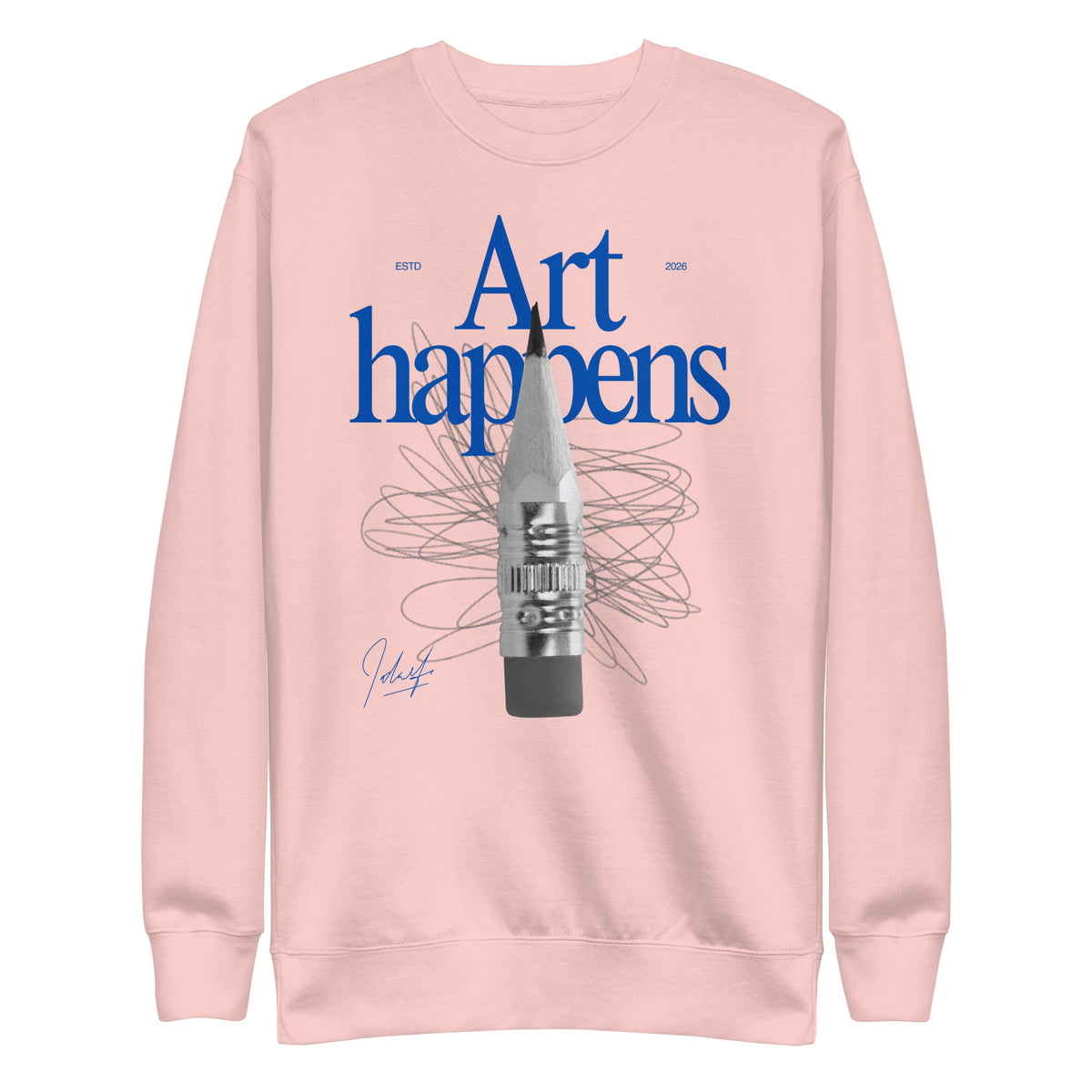 Light Pink sweatshirt, front view, with blue 'Art Happens' lettering, a pencil and scribbled lines.