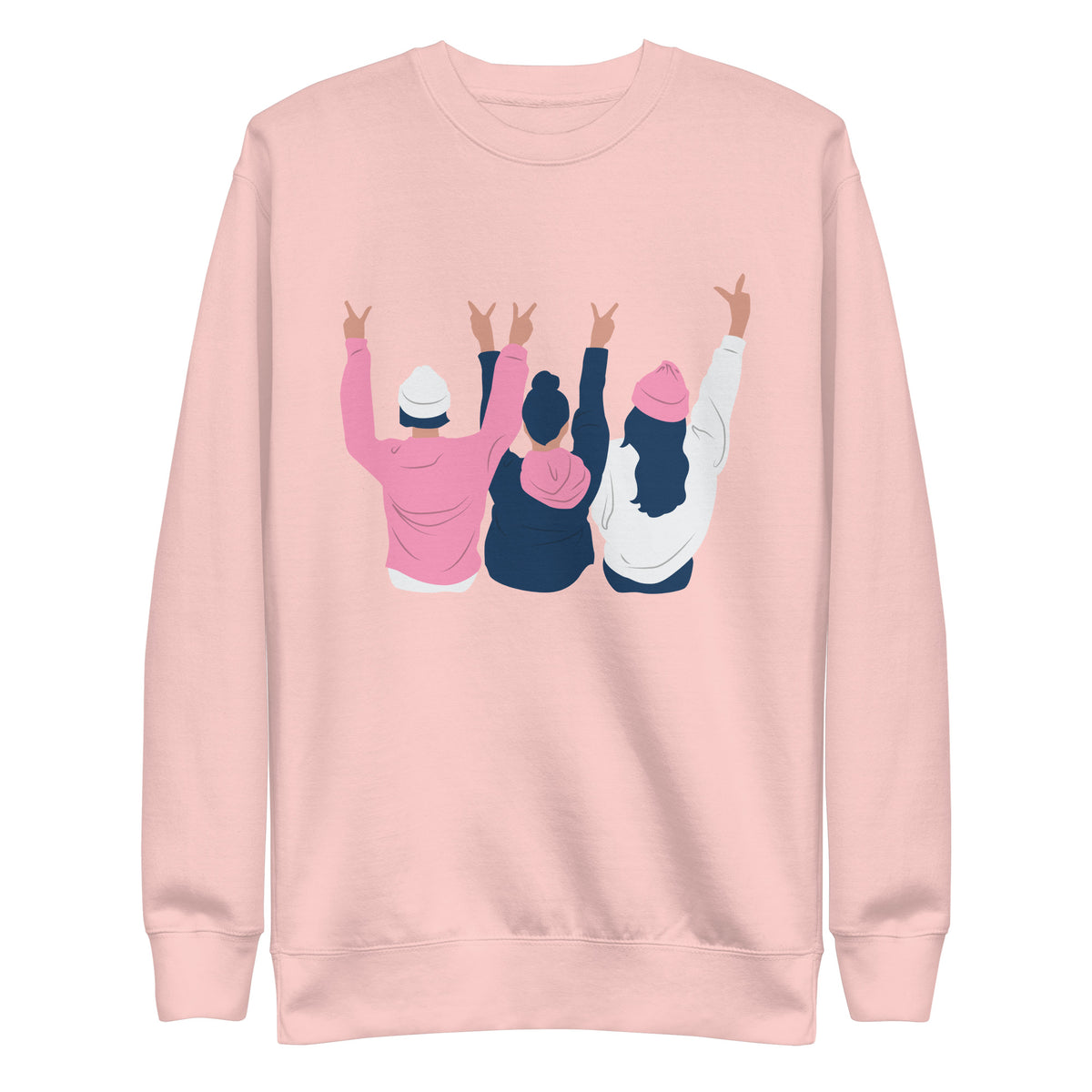 Light Pink sweatshirt with three illustrated people raising peace signs, front view.