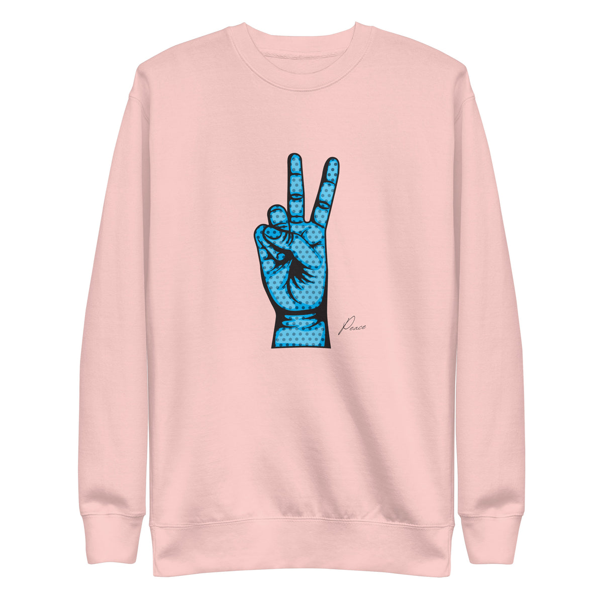 Light Pink sweatshirt with a blue hand making a peace sign, front view.