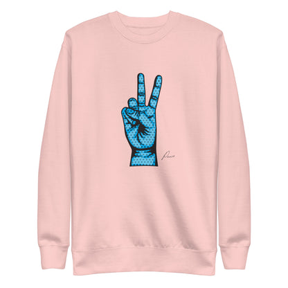 Light Pink sweatshirt with a blue hand making a peace sign, front view.