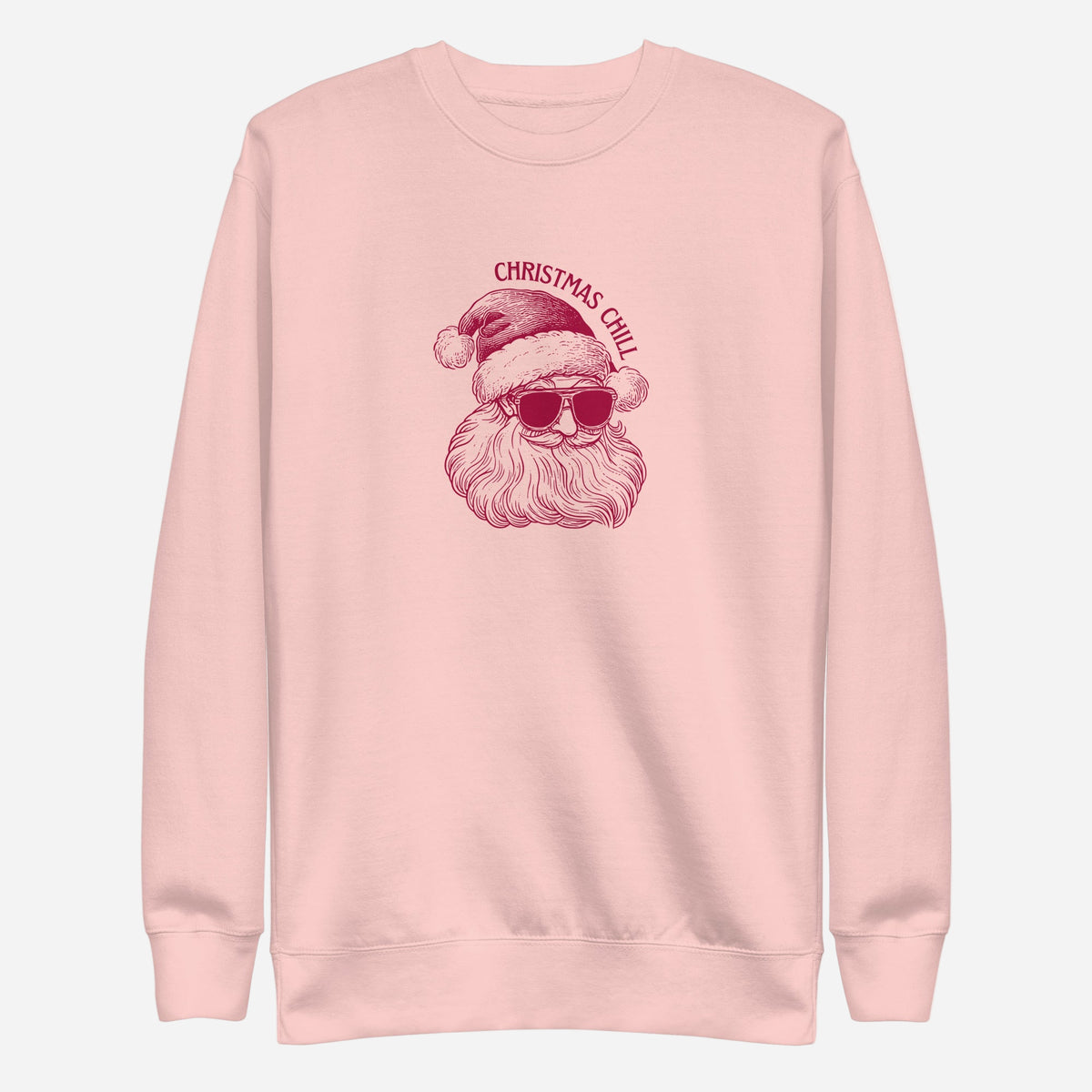 Light Pink sweatshirt, front view, with a burgundy Santa face wearing sunglasses beneath 'Christmas Chill' text.