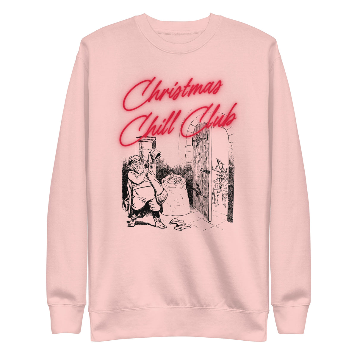 Light Pink sweatshirt with red Christmas Chill Club script and Santa illustration, front view.