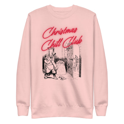 Light Pink sweatshirt with red Christmas Chill Club script and Santa illustration, front view.