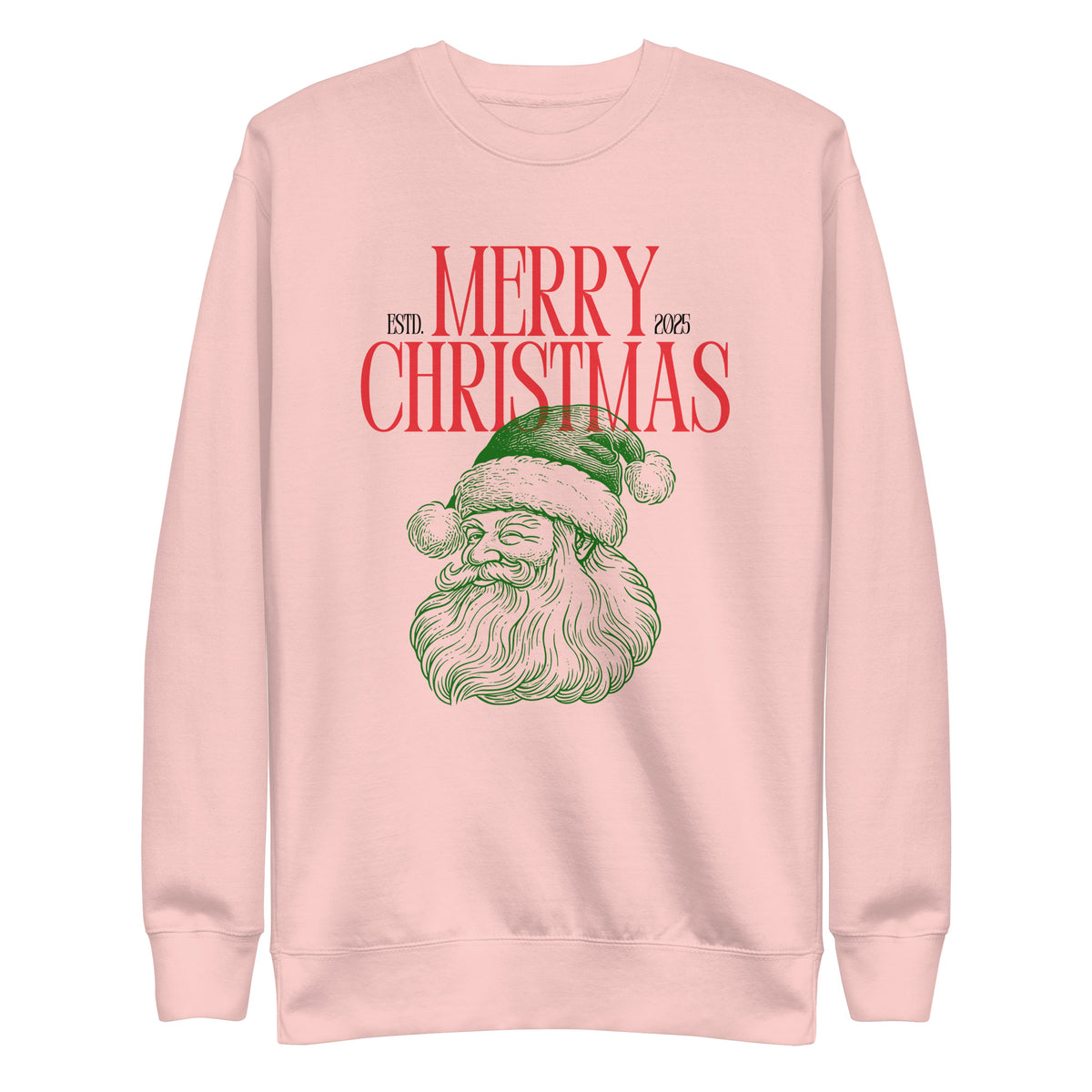 Light Pink sweatshirt, front view, with a green Santa portrait below red 'Merry Christmas' lettering and the year 2025.