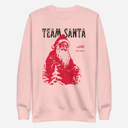 Light Pink sweatshirt with a red Santa illustration and black Team Santa text, front view.
