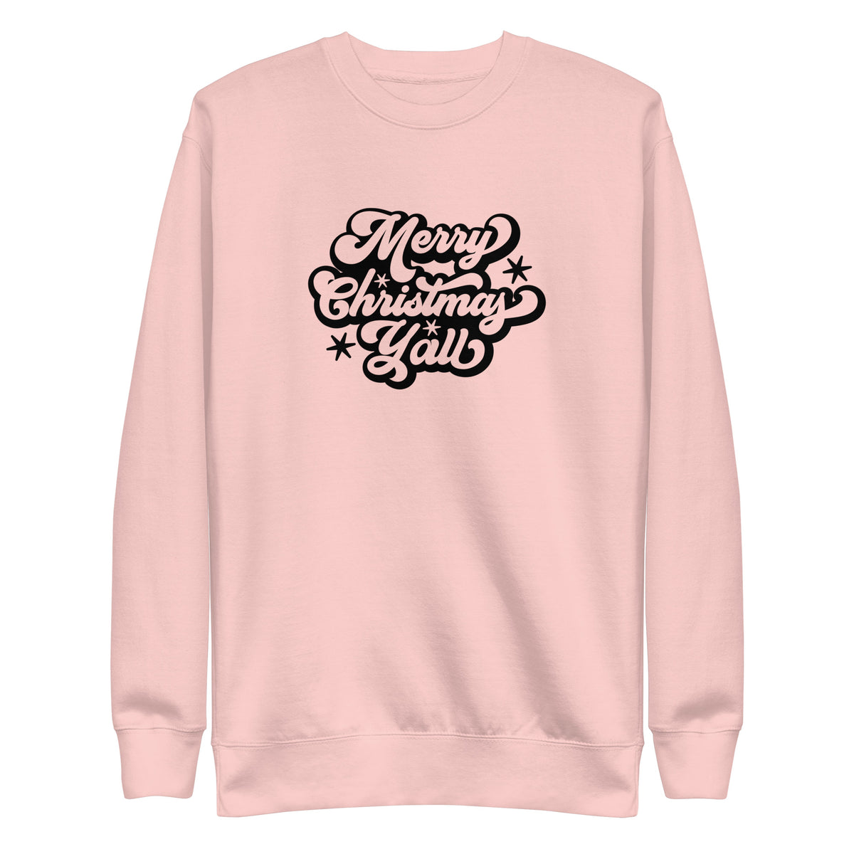 Light Pink sweatshirt, front view with black Merry Christmas Y'all script lettering.