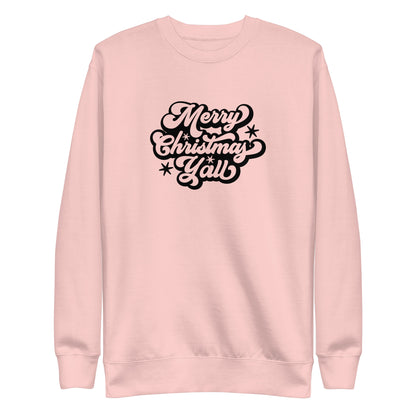 Light Pink sweatshirt, front view with black Merry Christmas Y'all script lettering.