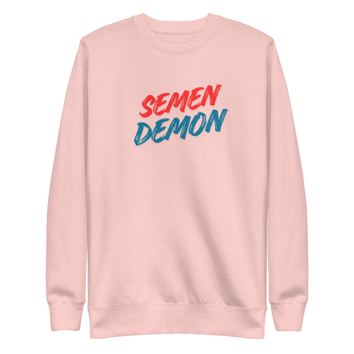 Light Pink sweatshirt, front view with red and blue Semen Demon lettering.