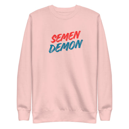 Light Pink sweatshirt, front view with red and blue Semen Demon lettering.