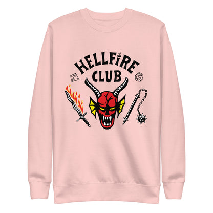 Light Pink sweatshirt with Hellfire Club lettering and a red horned-face graphic, front view.