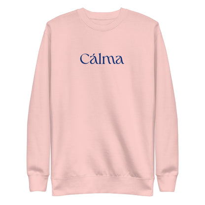Light Pink sweatshirt, front view with blue Calma lettering.