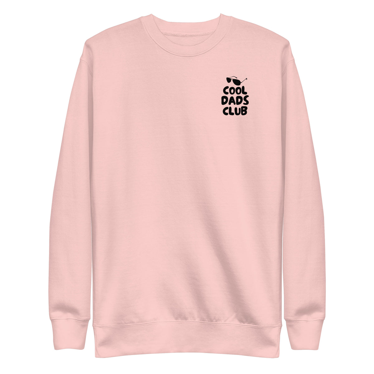Light Pink sweatshirt, front view with small black Cool Dads Club chest lettering.