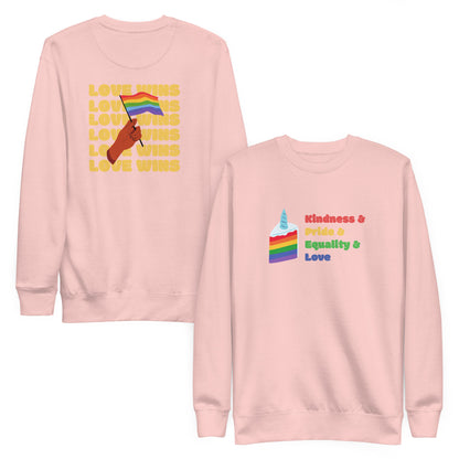 Light Pink sweatshirt, front and back views, with a rainbow-striped graphic on the front and 'Love Wins' lettering on the back.