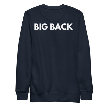 Navy Blazer sweatshirt, back view with white "BIG BACK" lettering on the back.