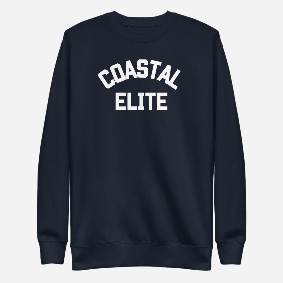 Navy Blazer sweatshirt with white arched Coastal Elite lettering, front view.