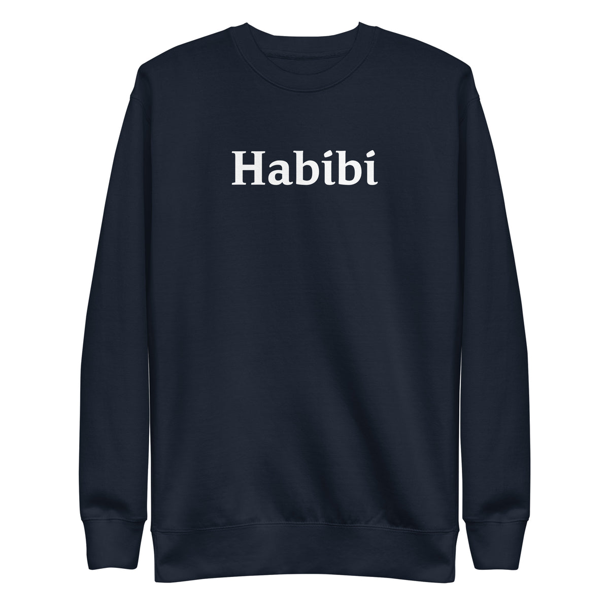 Navy Blazer sweatshirt with white Habibi lettering, front view.
