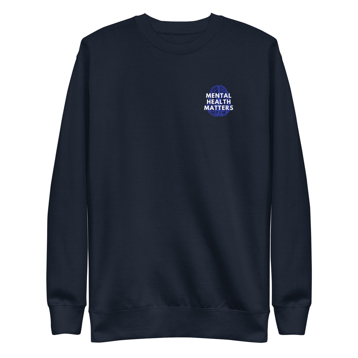 Navy Blazer sweatshirt, front view, with a blue brain graphic and white 'Mental Health Matters' text on the chest.