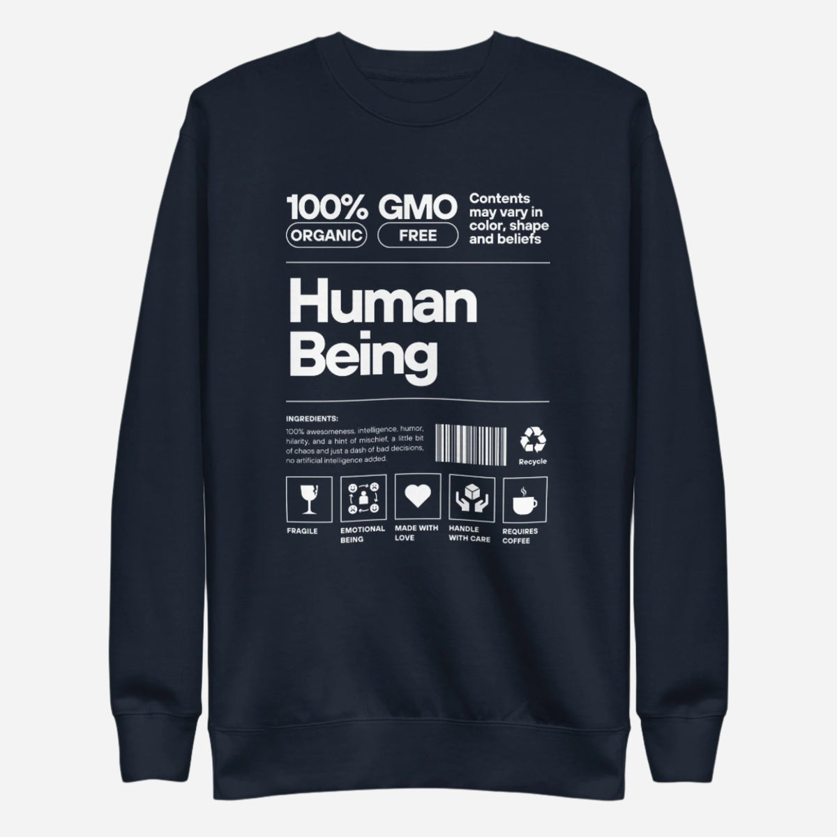 Navy Blazer sweatshirt, front view with a white "Human Being" label-style graphic.