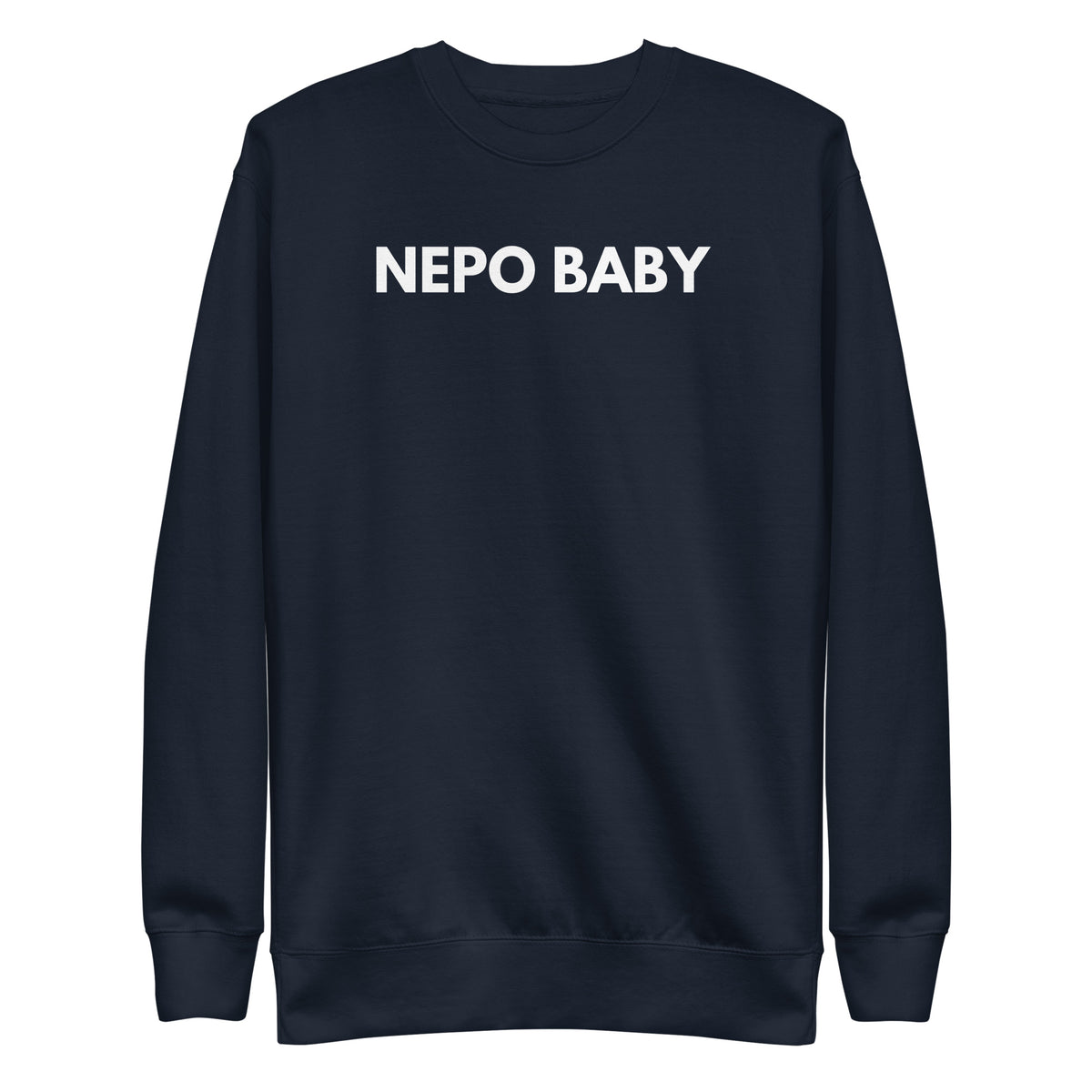 Navy Blazer sweatshirt, front view with white "NEPO BABY" lettering.