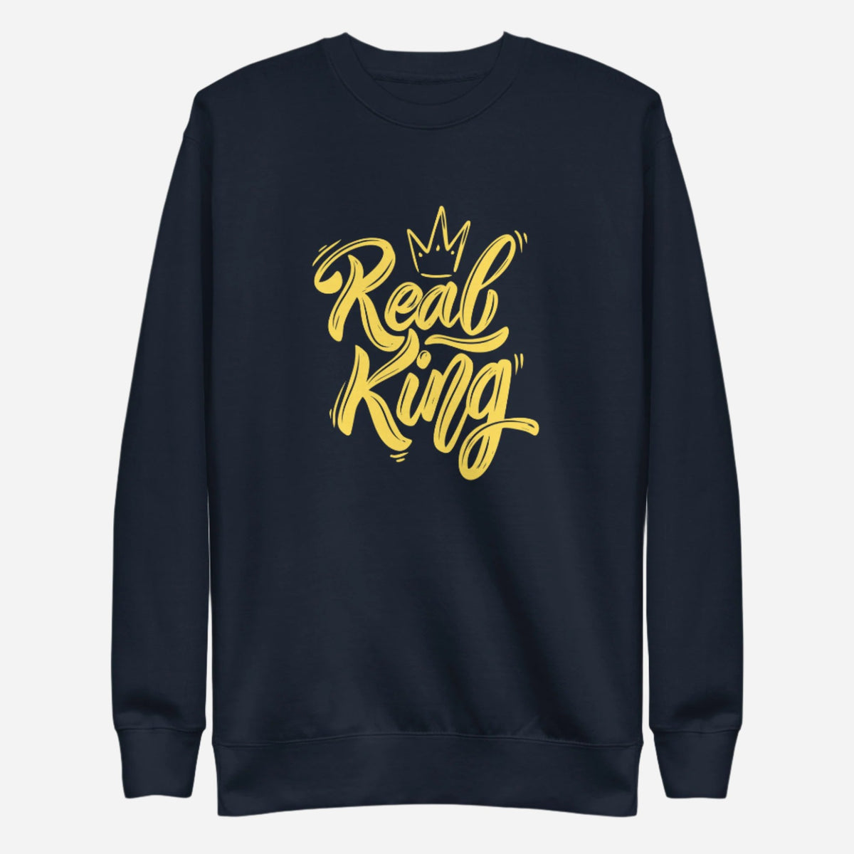 Navy Blazer sweatshirt, front view with yellow "Real King" script and a crown graphic.