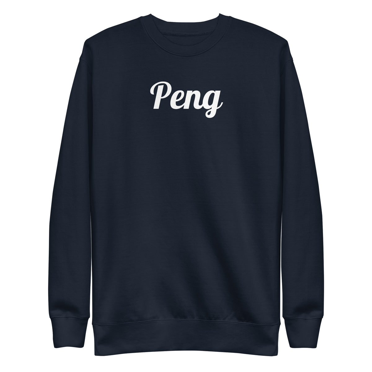 Navy Blazer sweatshirt, front view with white "Peng" script.